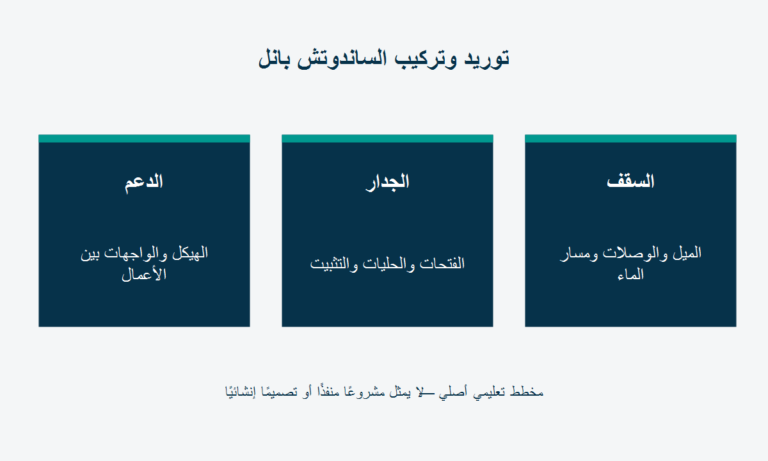 توريد وتركيب الساندوتش بانل: السقف، الميل والوصلات ومسار الماء؛ الجدار، الفتحات والحليات والتثبيت؛ الدعم، الهيكل والواجهات بين الأعمال