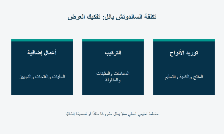 تكلفة الساندوتش بانل: تفكيك العرض: توريد الألواح، المنتج والكمية والتسليم؛ التركيب، الدعامات والمثبتات والمناولة؛ أعمال إضافية، الحليات والفتحات والتجهيز